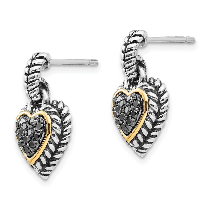 Sterling Silver with 14K Accent Antiqued Black Diamond Dangle Post Heart Earrings