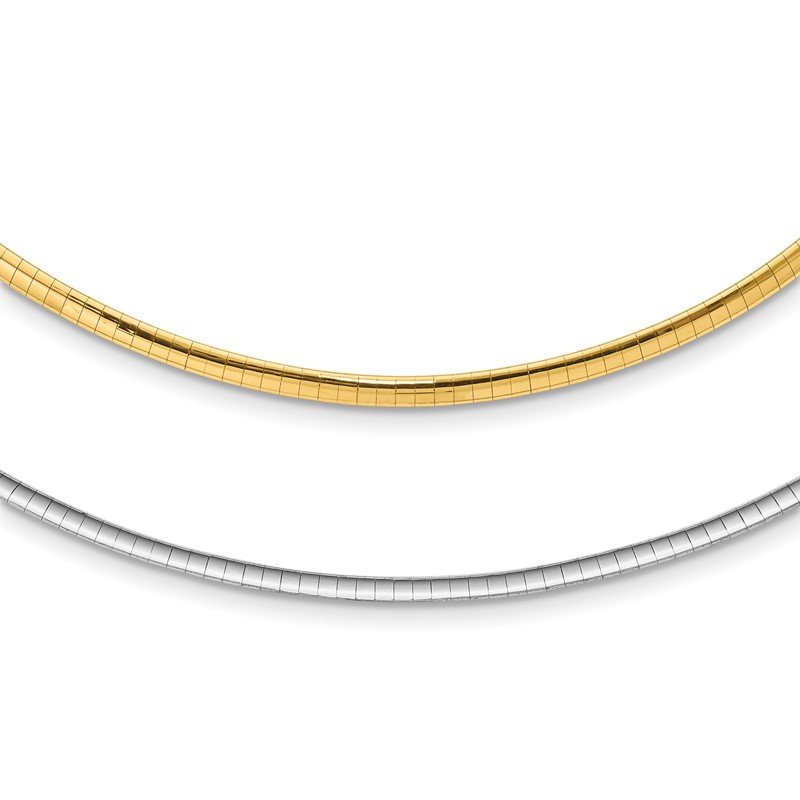 14k Two-tone 3mm Lightweight Reversible 16 inch Omega Necklace Plus 2 inch Heart Chain Extender