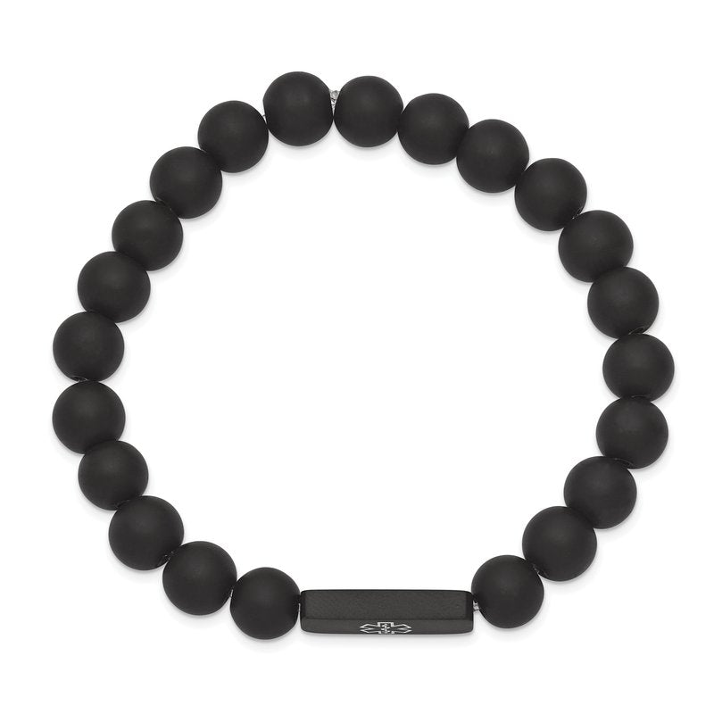 Stainless Steel Brushed Black IP-plated with White Enamel Medical ID 8.5mm Black Agate Beaded Stretch Bracelet