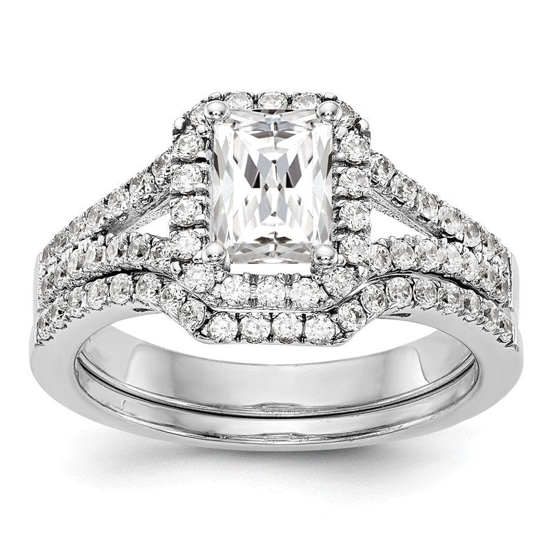 14K White Gold 3/8 carat Lab Grown Diamond VS+ F+ Semi-Mount Emerald Halo Engagement Ring