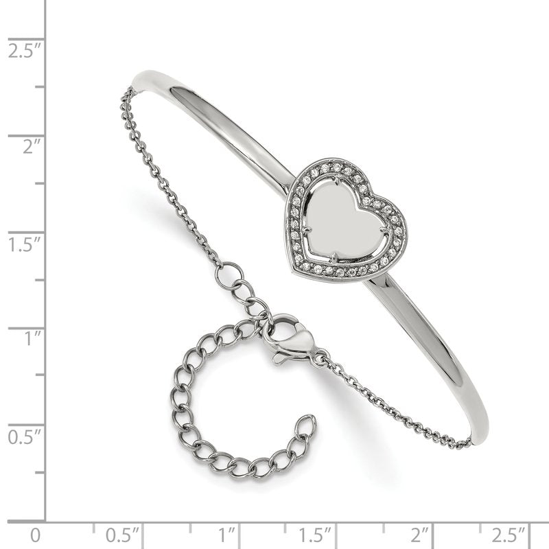 Stainless Steel Polished with CZ Heart 6.5 inch Bangle Bracelet with 2 inch Extension