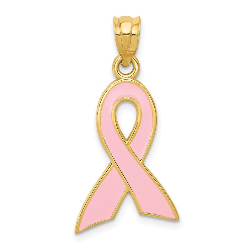 14k Large Enameled Pink Awareness Ribbon Pendant