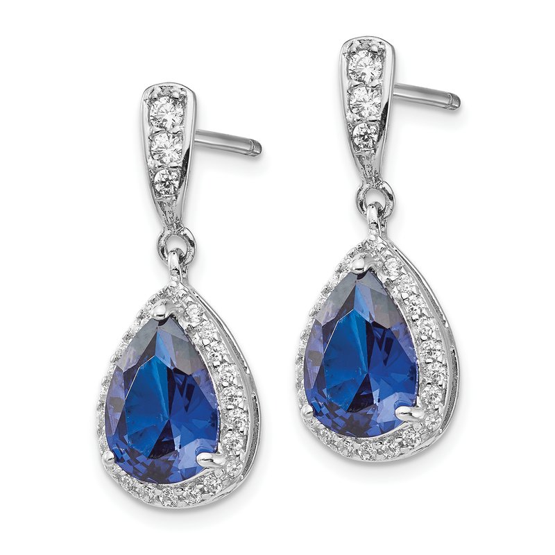 Sterling Silver Rhodium-plated Brilliant-cut Lab Created Dark Blue Spinel and Brilliant-cut White CZ Teardrop Post Dangle Earrings