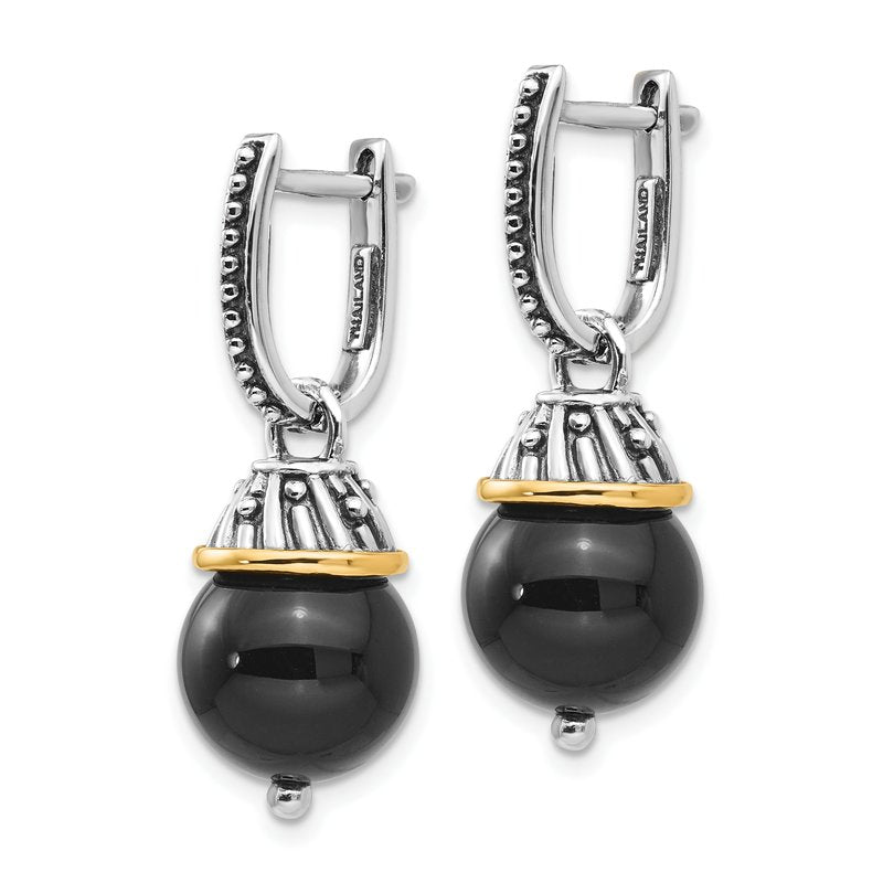 Sterling Silver with 14K Accent Antiqued Black Onyx Hinged Hoop Dangle Earrings