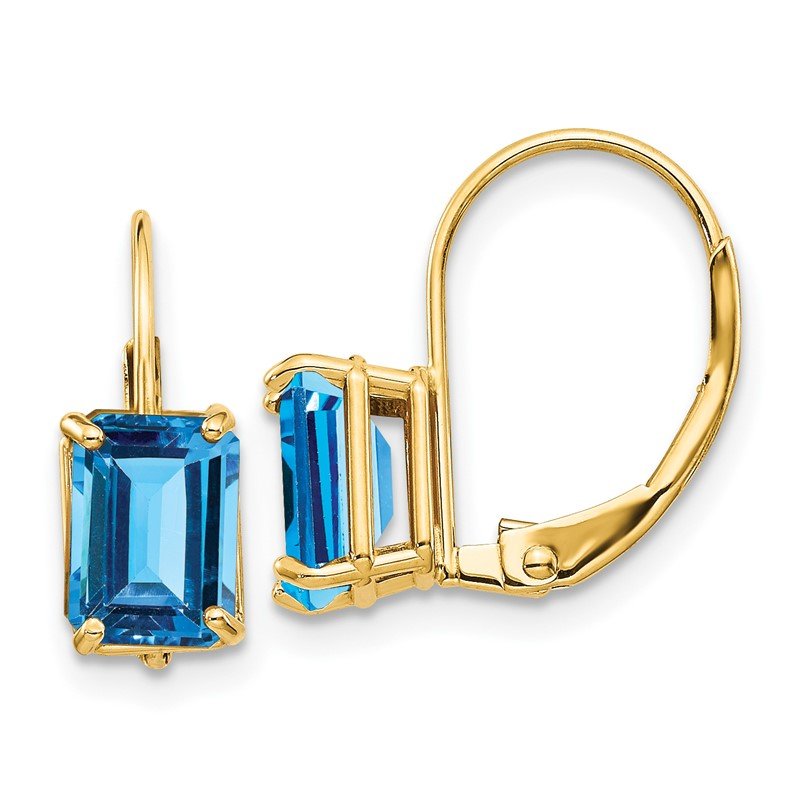 14k 7x5mm Emerald-cut Blue Topaz Leverback Earrings