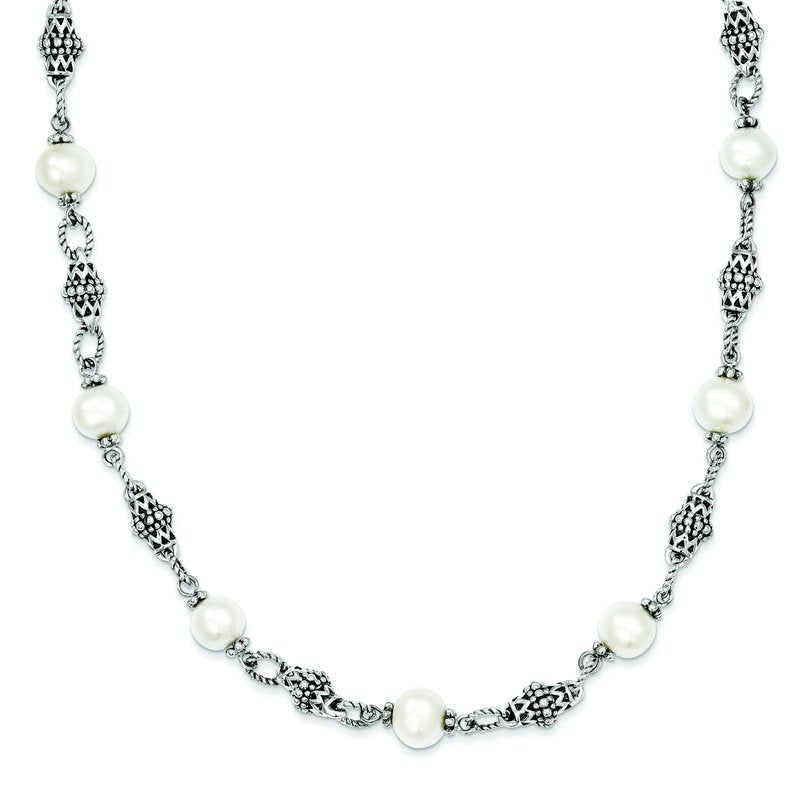 Sterling Silver 20 Inch Antiqued  8-8.5mm Freshwater Cultured Pearl Necklace