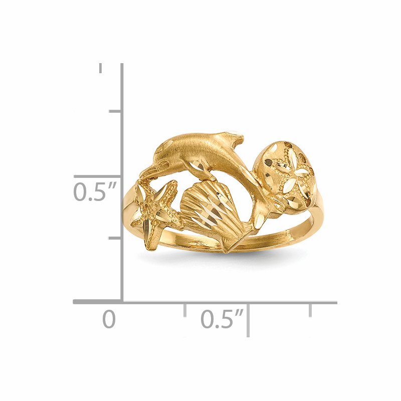 14k Polished and Satin Diamond-cut Dolphin Starfish Shell Sand Dollar Ring