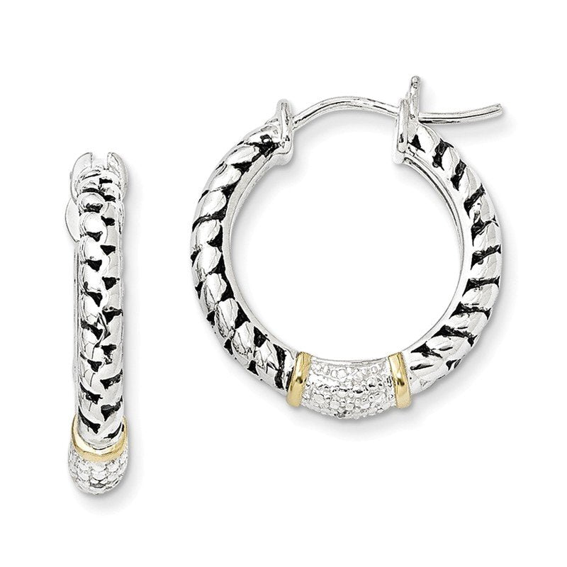 Sterling Silver with 14K Accent Antiqued Diamond Hoop Earrings