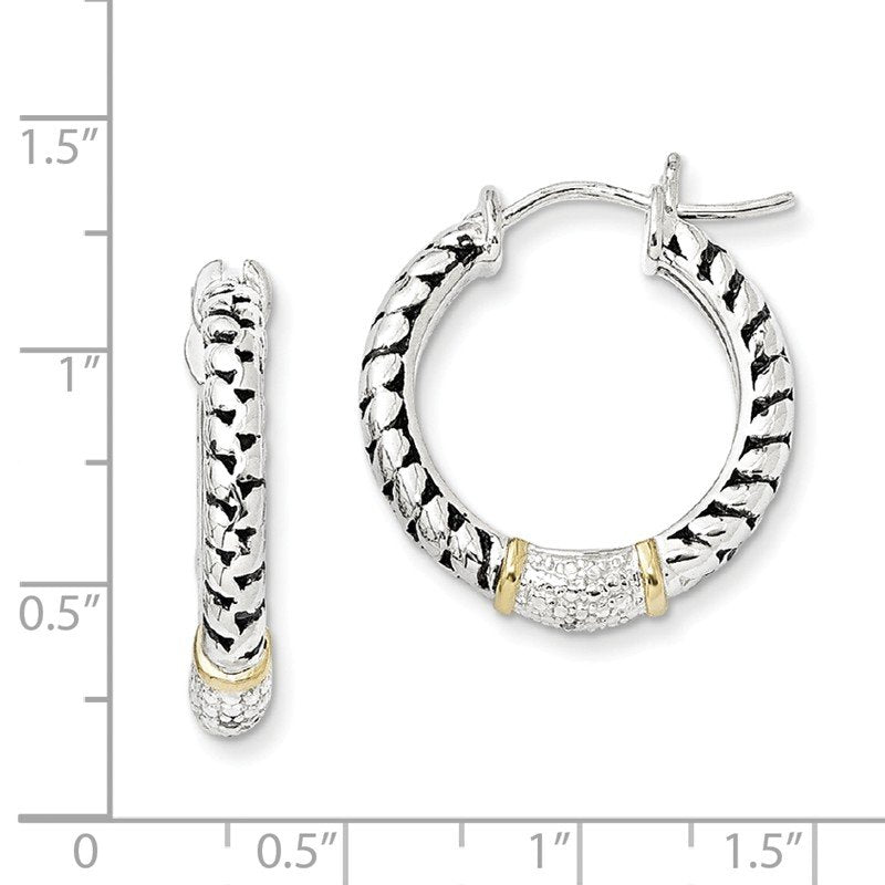 Sterling Silver with 14K Accent Antiqued Diamond Hoop Earrings