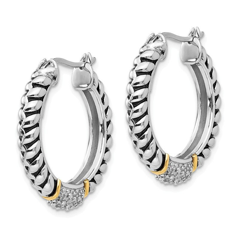 Sterling Silver with 14K Accent Antiqued Diamond Hoop Earrings