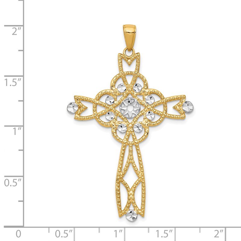 14K and White Rhodium Diamond-cut Beaded Trim Cross Pendant