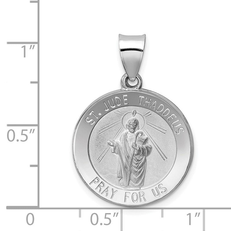 14K White Gold Polished and Satin Hollow St Jude Thaddeus Medal Round Pendant