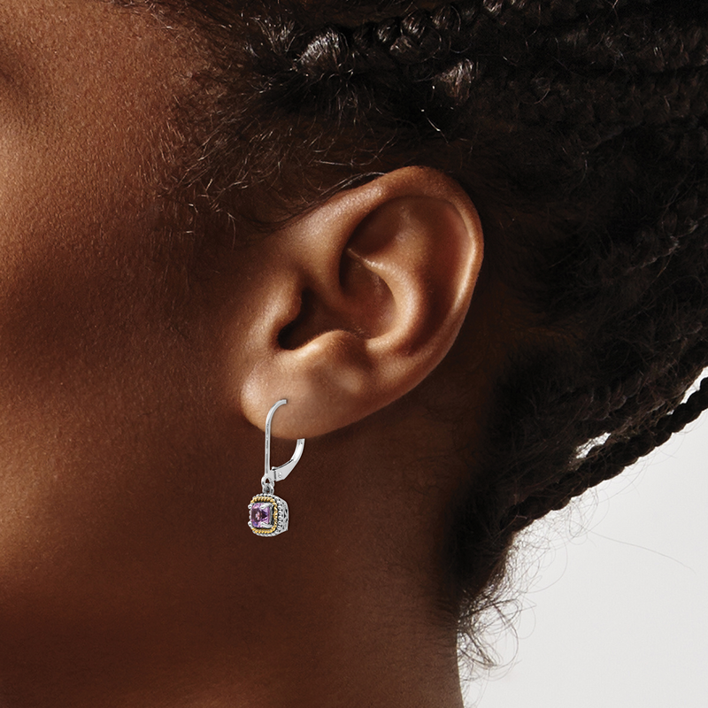 Sterling Silver with 14K Accent Antiqued Cushion Amethyst Leverback Dangle Earrings