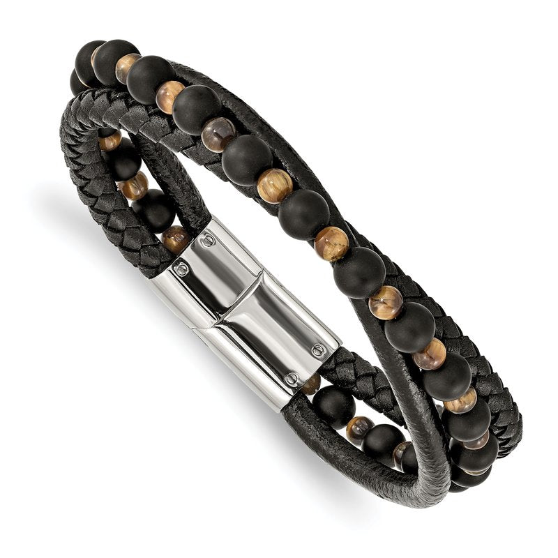 Stainless Steel Polished Multi Strand Tiger's Eye and Black Agate Beaded Black Leather 8.25 inch Bracelet