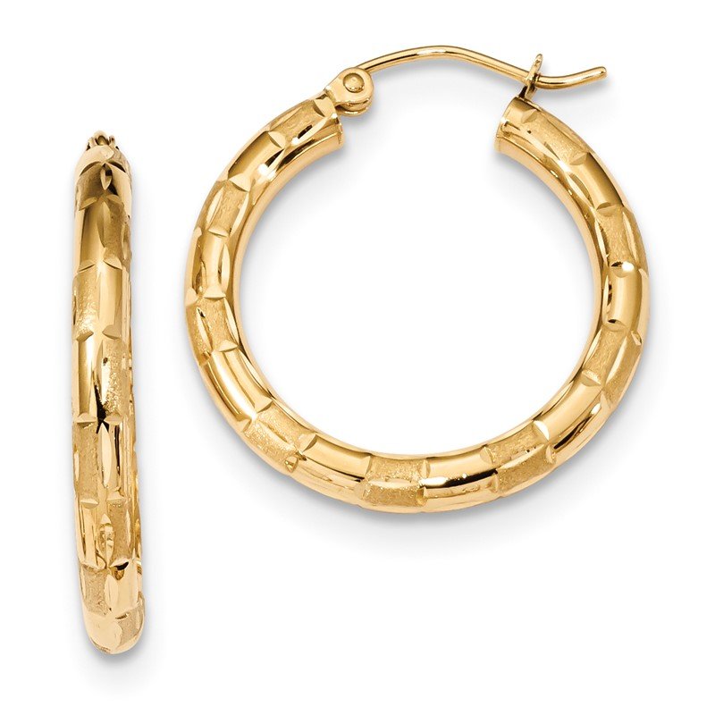 14k Polished Satin and Diamond-cut Hoop Earrings
