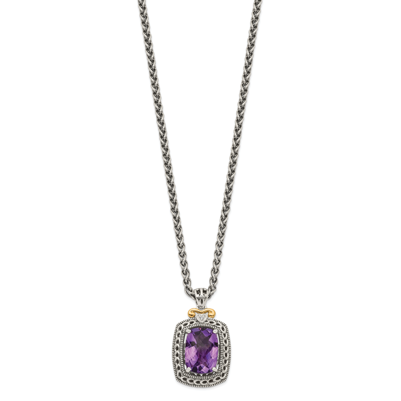 Sterling Silver with 14K Accent 18 Inch Antiqued Checkerboard-cut Cushion Amethyst and Diamond Necklace