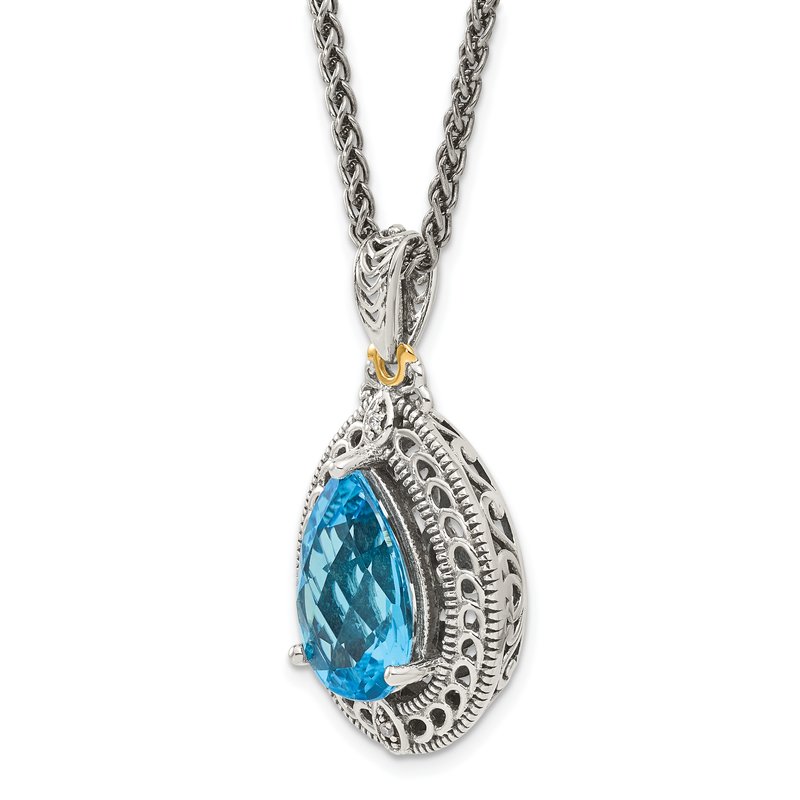Sterling Silver with 14K Accent 18 Inch Antiqued Diamond and Pear Shaped Blue Topaz Necklace