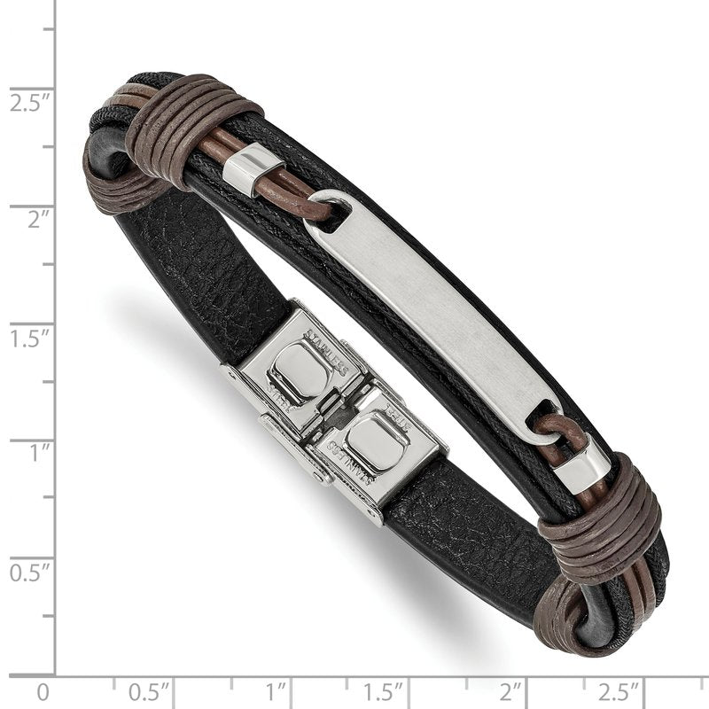 Stainless Steel Polished Black and Brown Leather 8.25 inch ID Bracelet