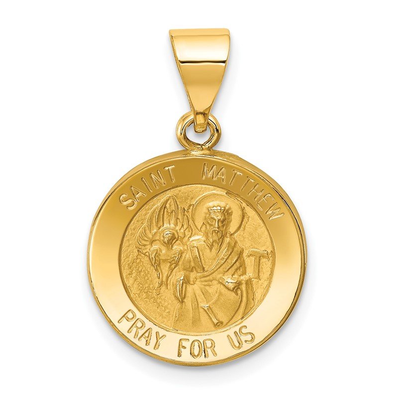 14k Polished and Satin Hollow St Matthew Medal Round Pendant