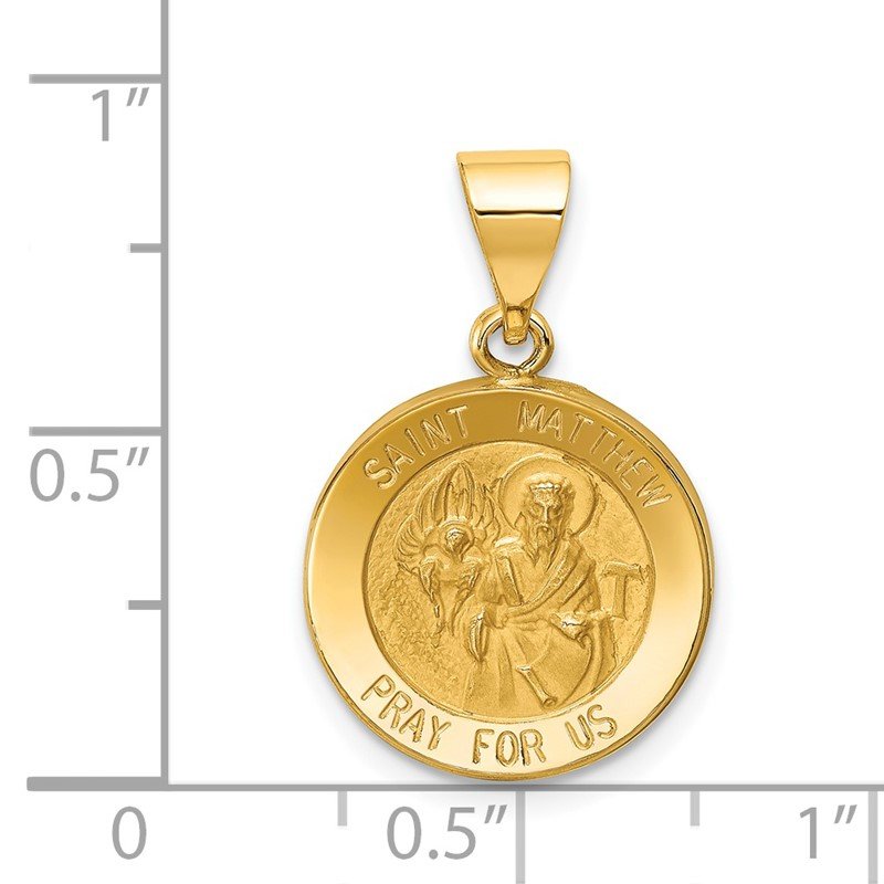 14k Polished and Satin Hollow St Matthew Medal Round Pendant