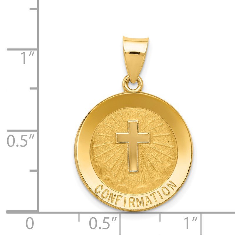 14k Polished and Satin Hollow CONFIRMATION with Cross Medal Round Pendant