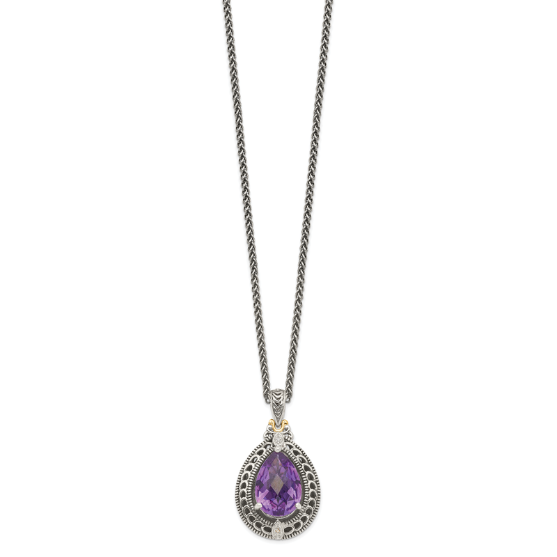 Sterling Silver with 14K Accent 18 Inch Antiqued Diamond and Pear Shaped Amethyst Necklace