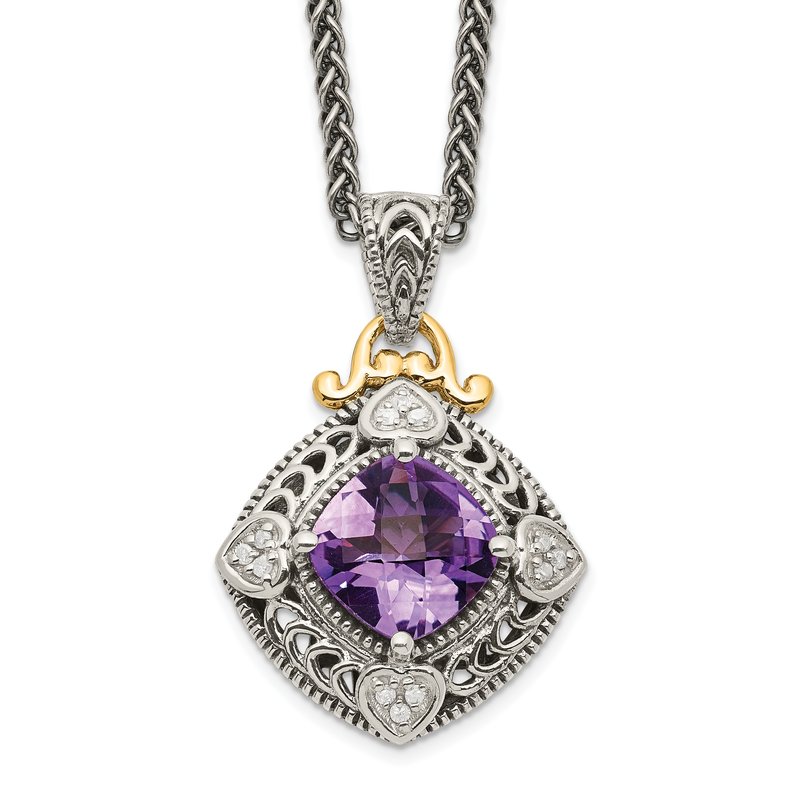 Sterling Silver with 14K Accent 18 Inch Antiqued Cushion Amethyst Necklace