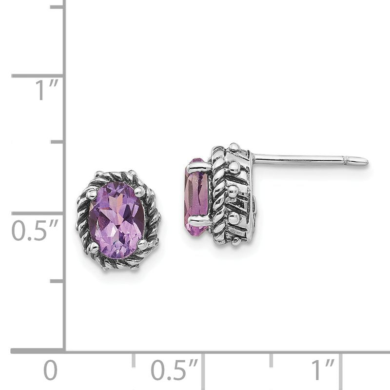 Sterling Silver Antiqued Oval Amethyst Post Earrings