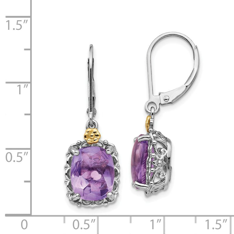Sterling Silver Antiqued with 14K Accent Cushion Amethyst Leverback Dangle Earrings