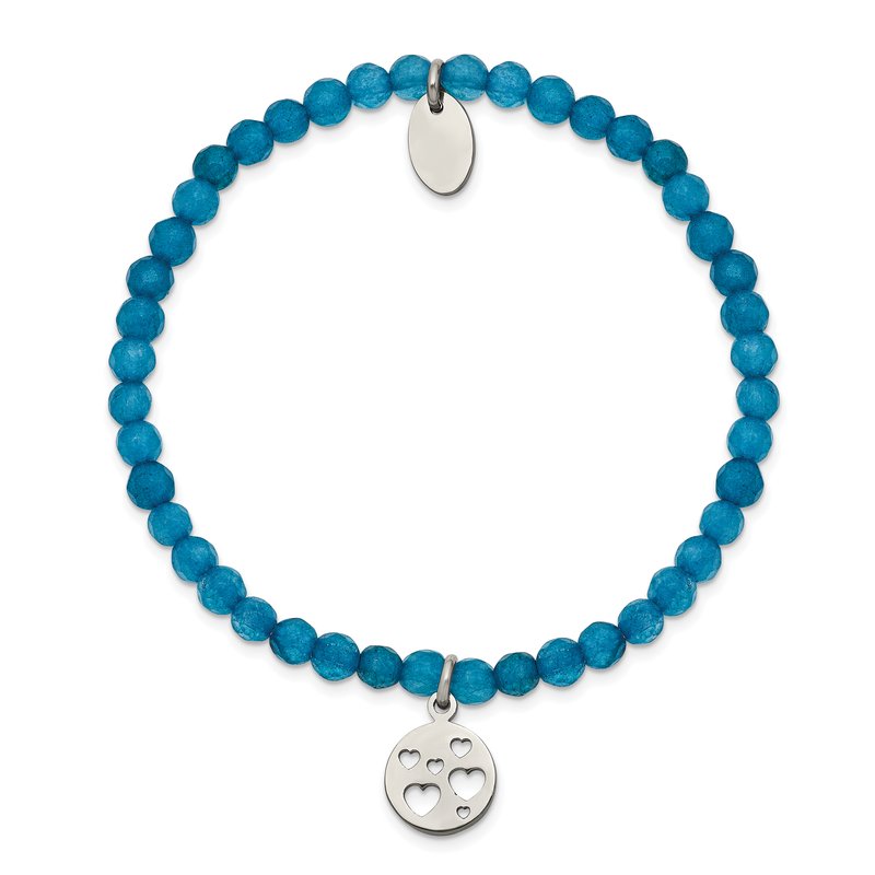 Stainless Steel Polished Hearts 4mm Blue Jade Beaded Stretch Bracelet