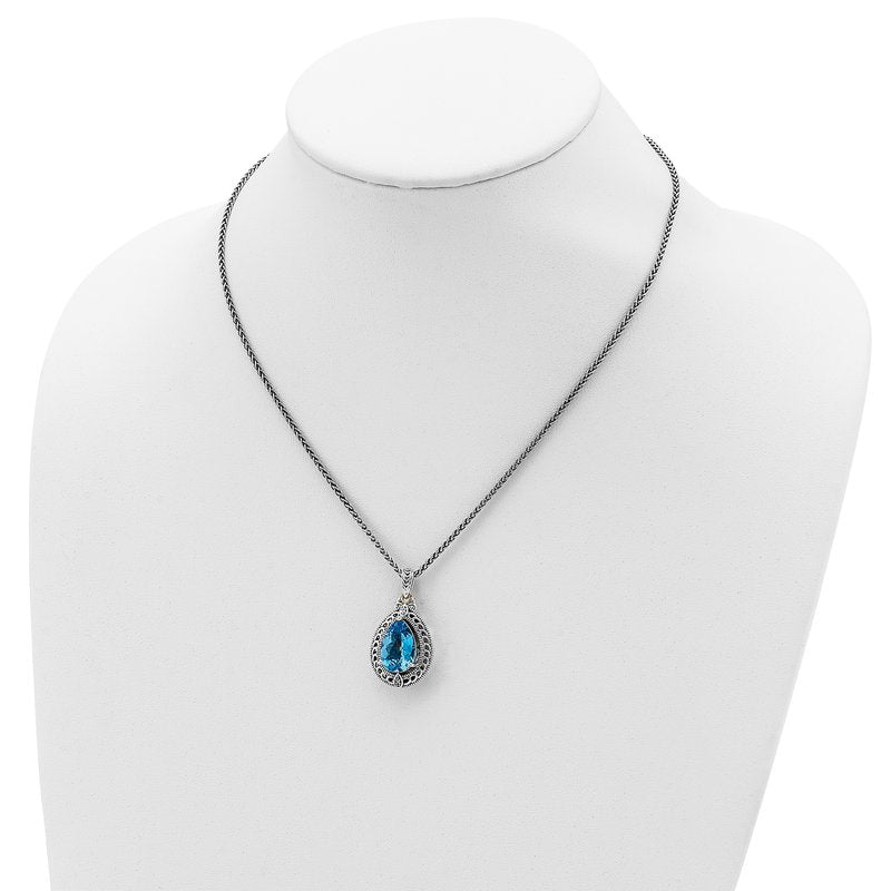 Sterling Silver with 14K Accent 18 Inch Antiqued Diamond and Pear Shaped Blue Topaz Necklace