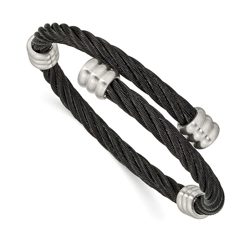 Stainless Steel Brushed and Polished Black IP-plated Wire Flexible Bangle