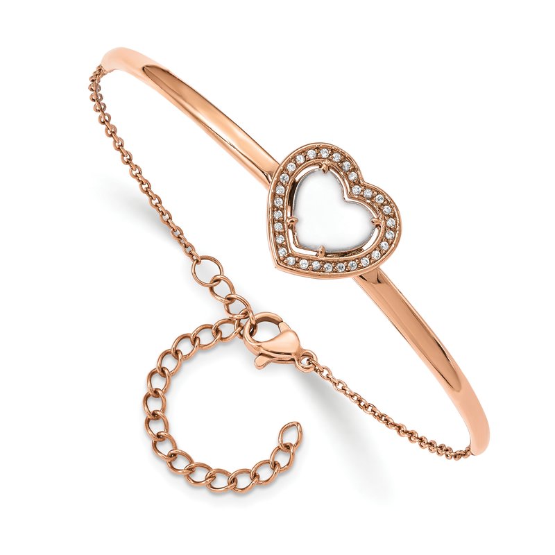 Stainless Steel Polished Rose IP-plated White Enameled CZ Heart 6.5 inch Bangle Bracelet with 2 inch Extension
