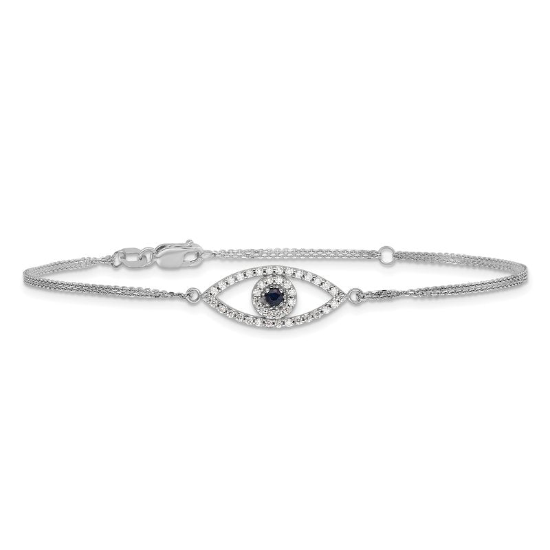 14k White Gold Complete A Diamond and Sapphire Evil Eye 2-Strand 7 inch Bracelet with 1 inch Extender
