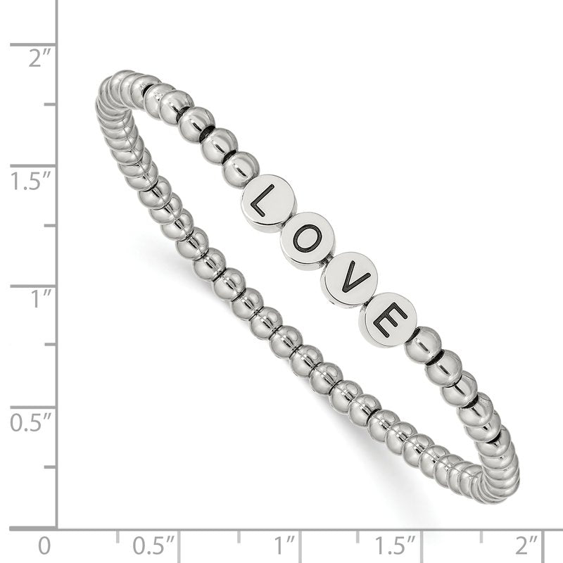 Stainless Steel Antiqued and Polished LOVE 4mm Beaded Stretch Bracelet
