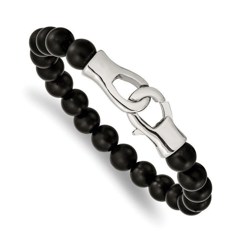 Stainless Steel Polished Black Agate Beaded 9 inch Bracelet