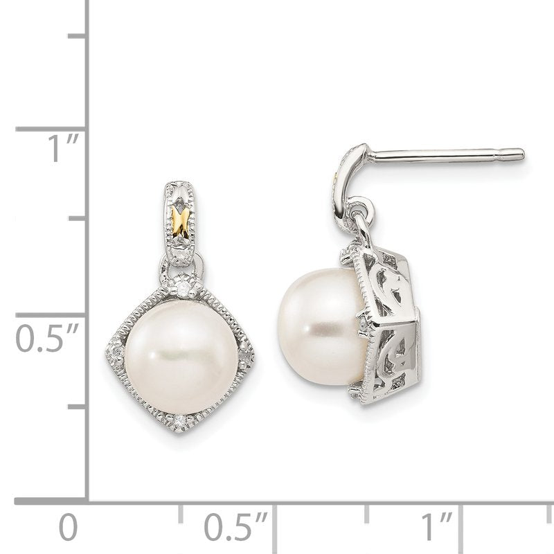 Sterling Silver Rhodium-plated with 14K Accent 7.5-8mm Freshwater Cultured Pearl and Diamond Dangle Post Earrings