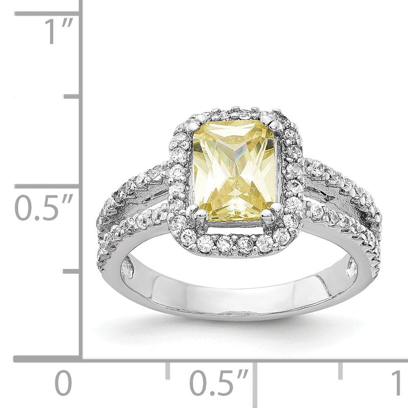 Sterling Silver Rhodium-plated Fancy Yellow Elongated Cushion-cut and White Brilliant-cut CZ Halo Ring