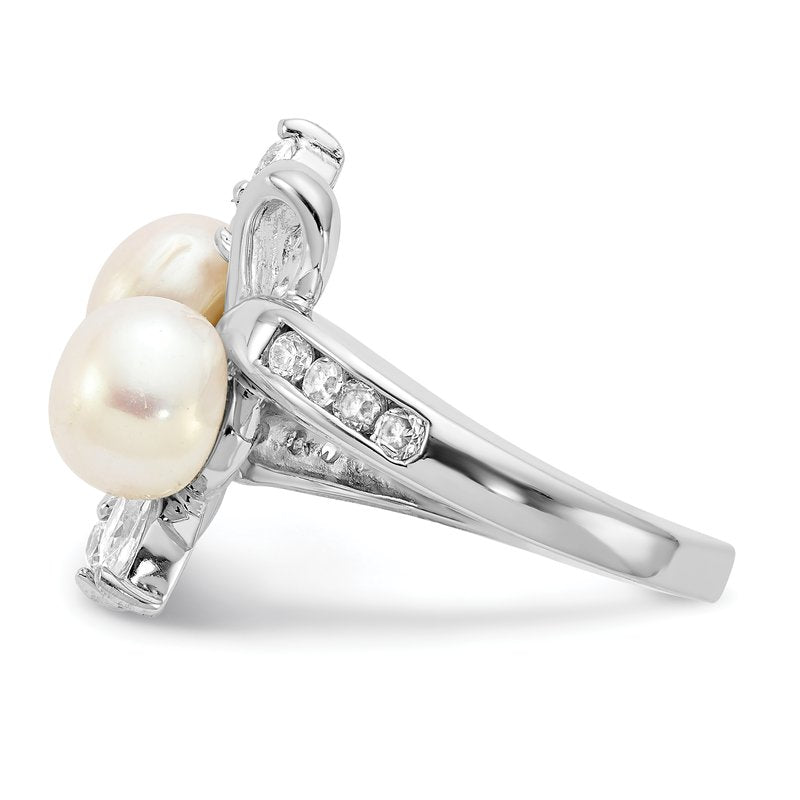 Sterling Silver Rhodium-plated Freshwater Cultured Pearl and Brilliant-cut CZ Leaves Ring