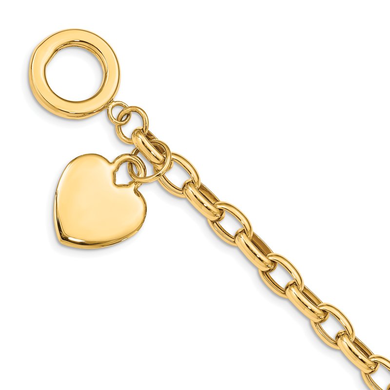 14k Engravable 26x18mm Solid Dangle Heart Charm and Hollow Chain 7.5 inch Toggle Bracelet
