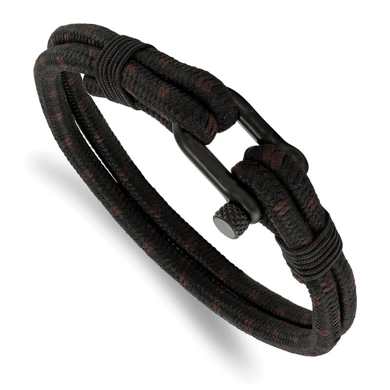 Stainless Steel Polished Black IP-plated Black Woven Nylon and Cotton 8.5 inch Bracelet