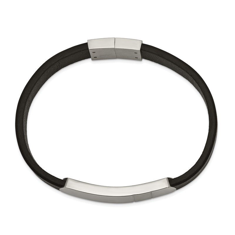 Stainless Steel Brushed and Polished Black Leather 8.5 inch ID Bracelet