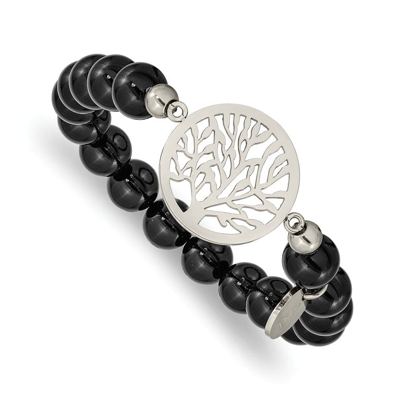 Stainless Steel Polished Tree of Life 8mm Black Agate Beaded Stretch Bracelet