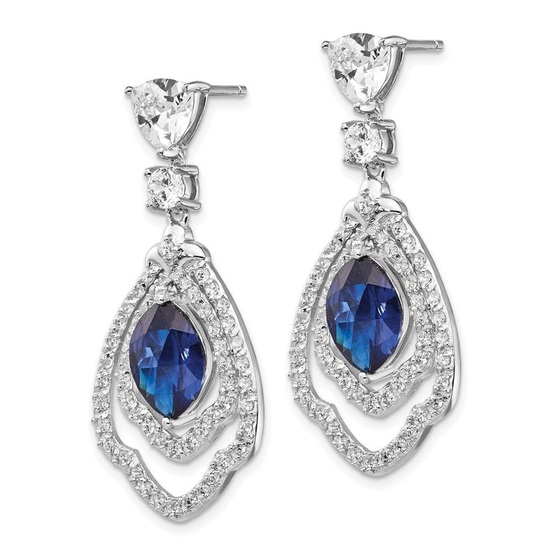 Sterling Silver Rhodium-plated Fancy Brilliant-cut Lab Created Dark Blue Spinel and Brilliant-cut White CZ Post Dangle Earrings