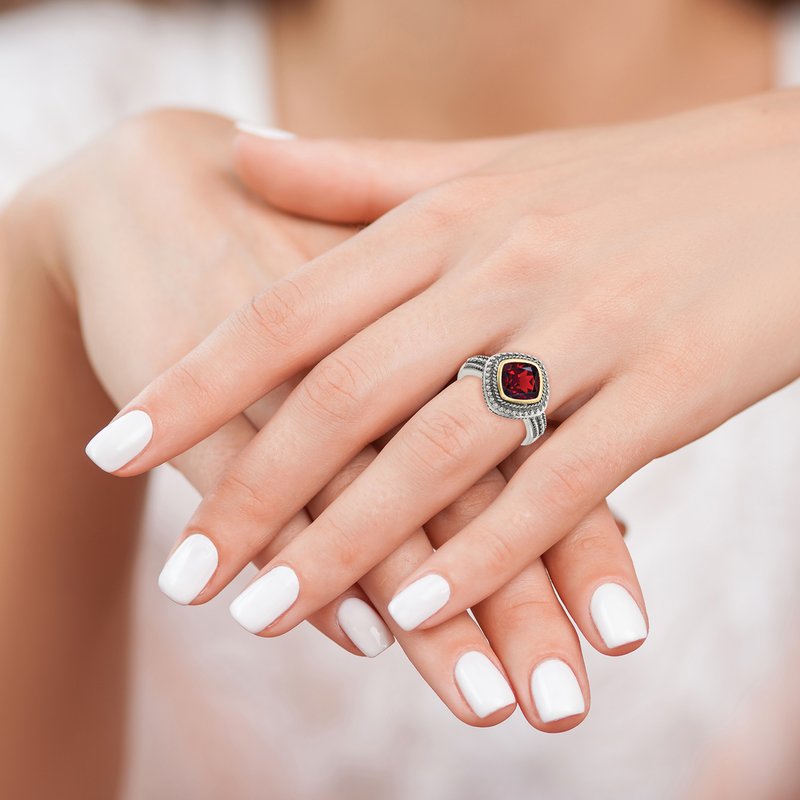 Sterling Silver with 14K Accent Antiqued Cushion Bezel Garnet Ring