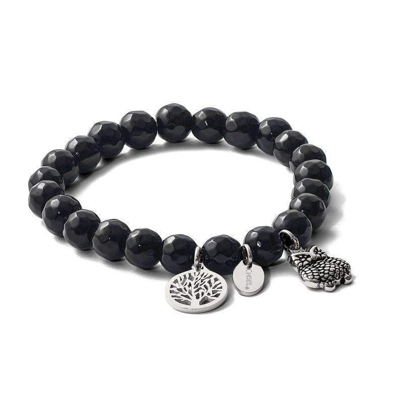 Stainless Steel Antiqued and Polished Owl and Tree of Life 8mm Black Jade Beaded Stretch Bracelet