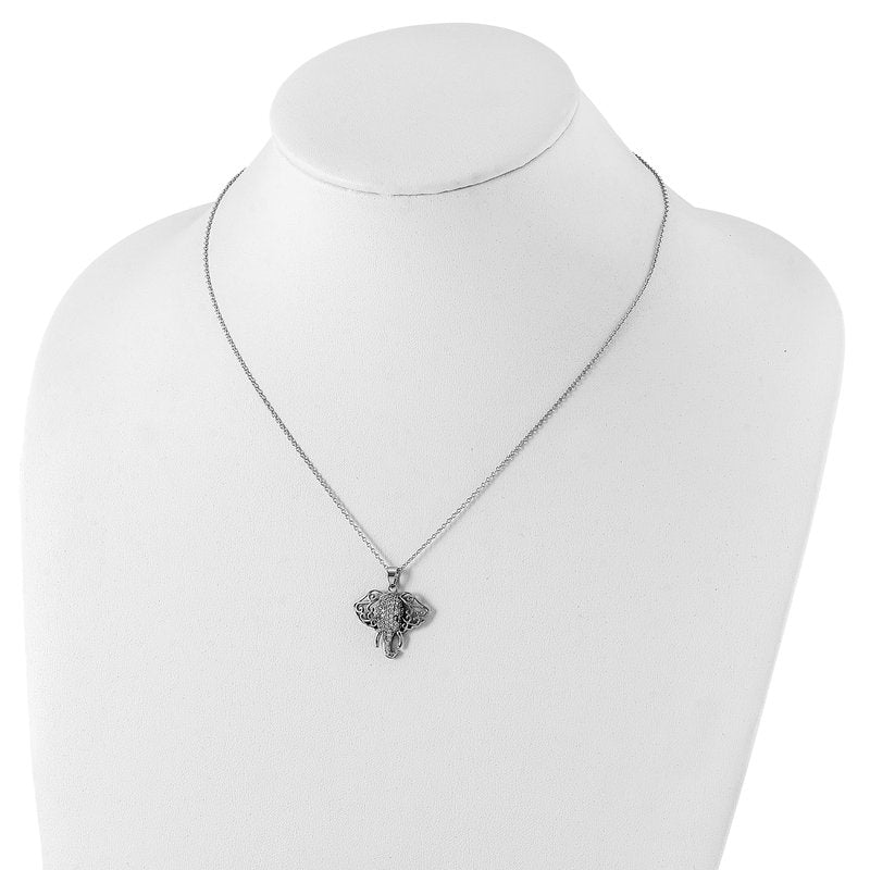 Sterling Silver Rhodium-plated Brilliant-cut Black and White CZ Filigree Elephant 18 Inch Necklace