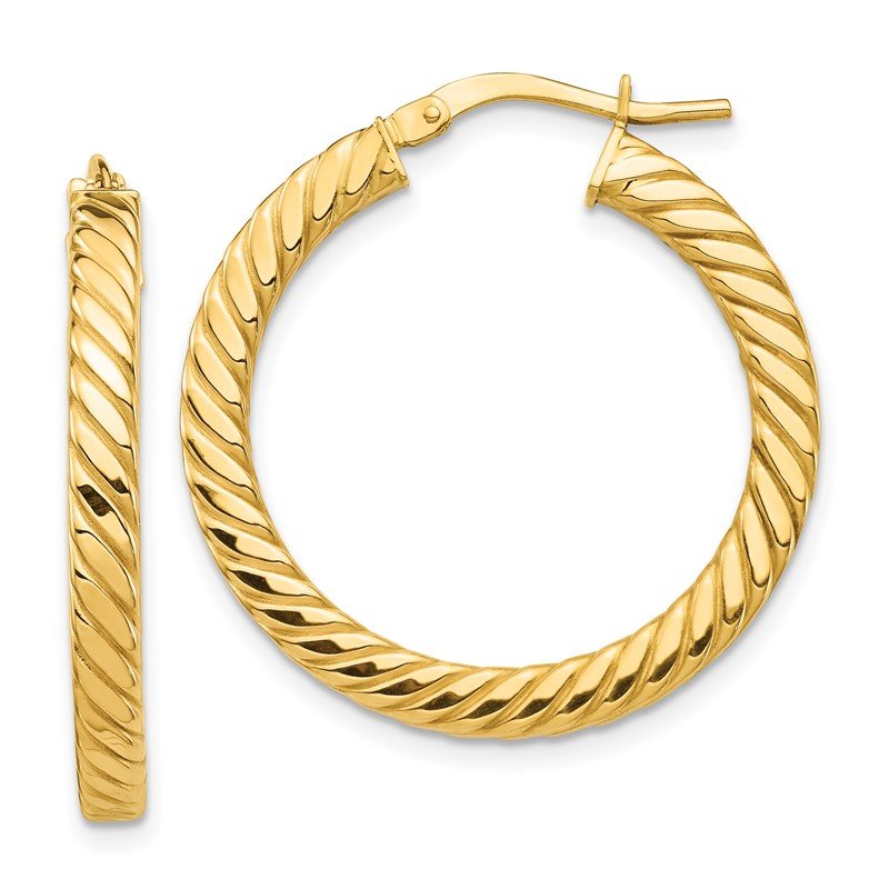 14k Polished &amp; Twisted 3mm Square Tube Hoop Earrings