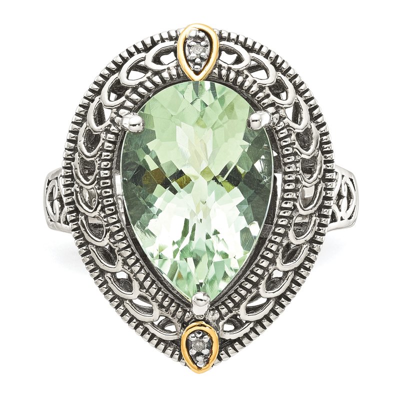 Sterling Silver with 14K Accent Antiqued Diamond and Pear Shaped Green Quartz Ring