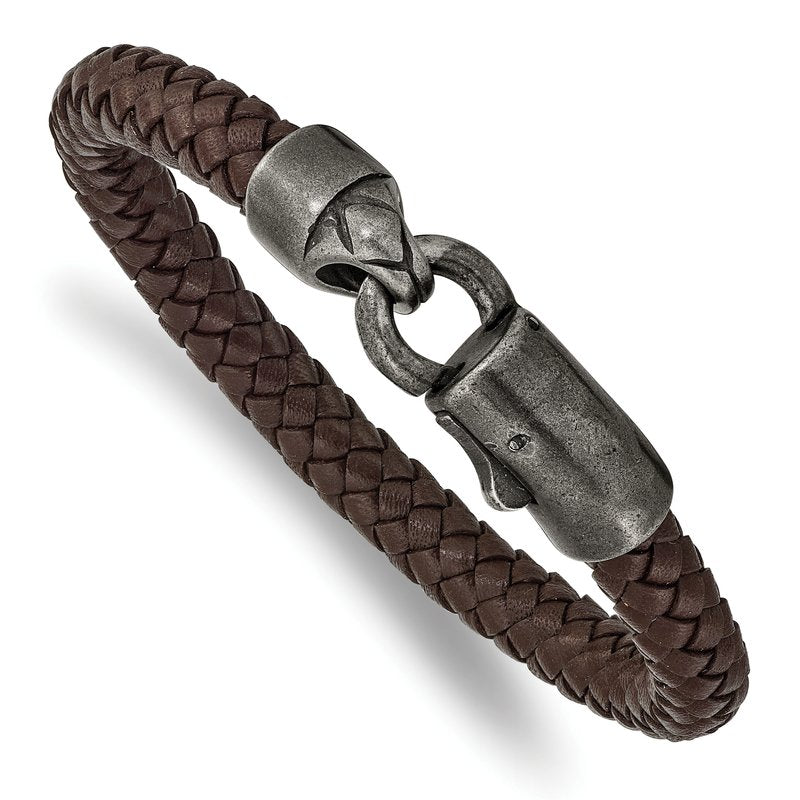 Stainless Steel Antiqued White Bronze-plated Brown Braided Leather 8.25 inch Bracelet